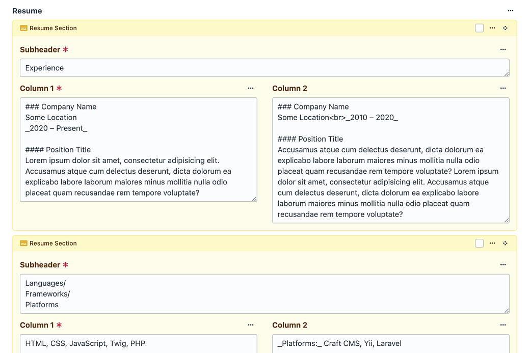 Resume matrix field